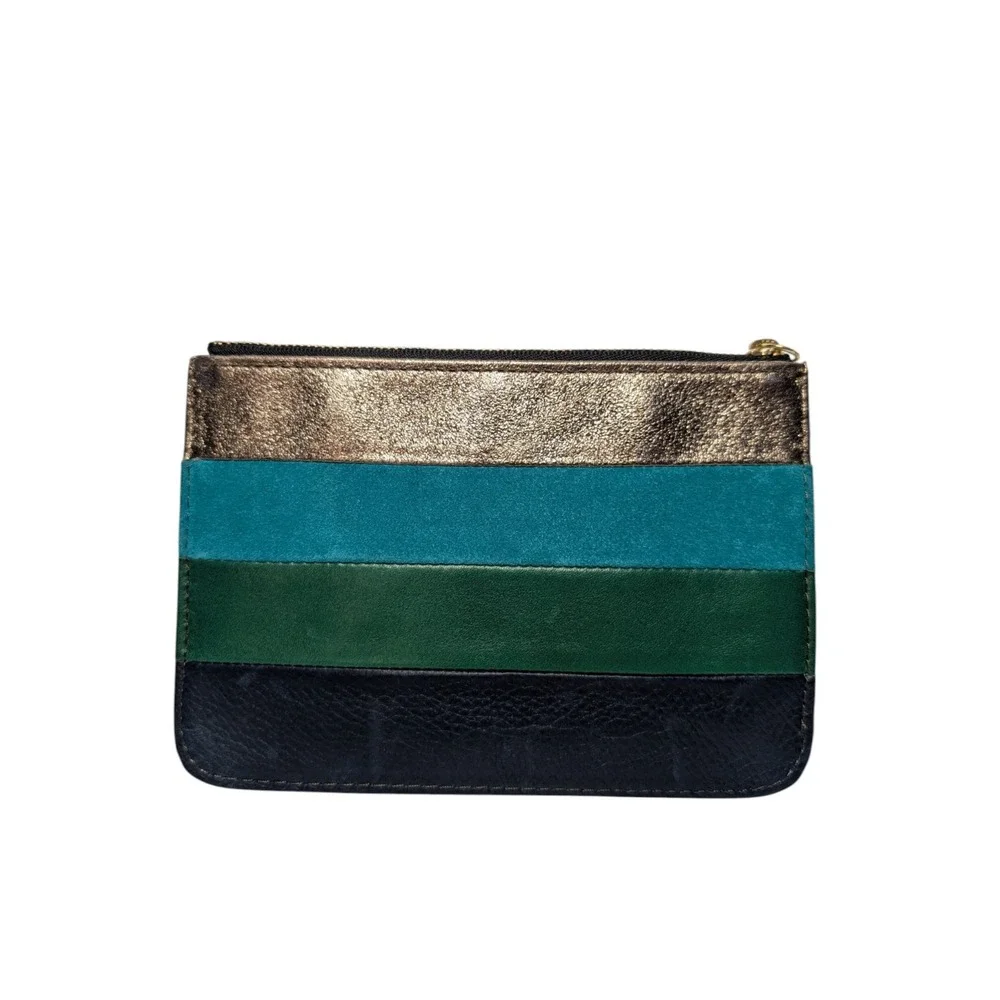 Fossil Striped Mixed‎ Leather Zip Pouch Clutch Navy Teal Green Metallic